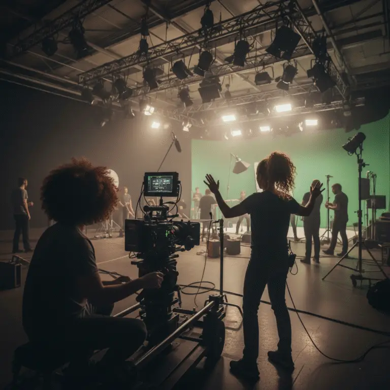 Vertical Drama Series Production Service in Mallorca Un equipo de producción audiovisual profesional opera una cámara de cine y dirige una escena